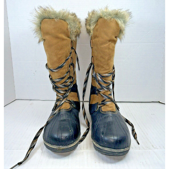 Rugged Outback Black & Tan Water Snow Boot Fur, Fleece Lined Sz 8 - Picture 1 of 10